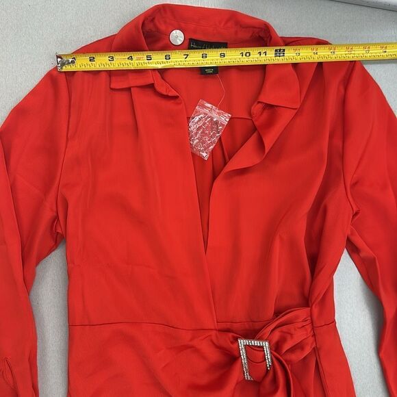 House of harlow red satin rhinestones trim wrap mini dress M - Picture 12 of 14